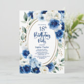 Elegante Blauwe Bloemen 18e Verjaardagsfeest Kaart (Staand voorkant)