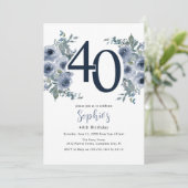 Elegante Blauwe Bloemen 40ste Verjaardag Kaart (Staand voorkant)