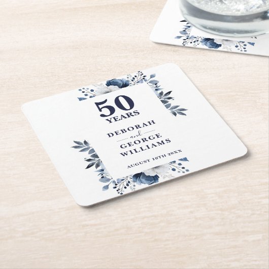 Elegante Blauwe Bloemen 50ste bruiloft Jubileum Kartonnen Onderzetters (Schuin)