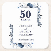 Elegante Blauwe Bloemen 50ste bruiloft Jubileum Kartonnen Onderzetters (Voorkant)