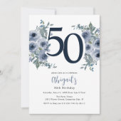 Elegante Blauwe Bloemen 50ste Verjaardag Kaart (Voorkant)