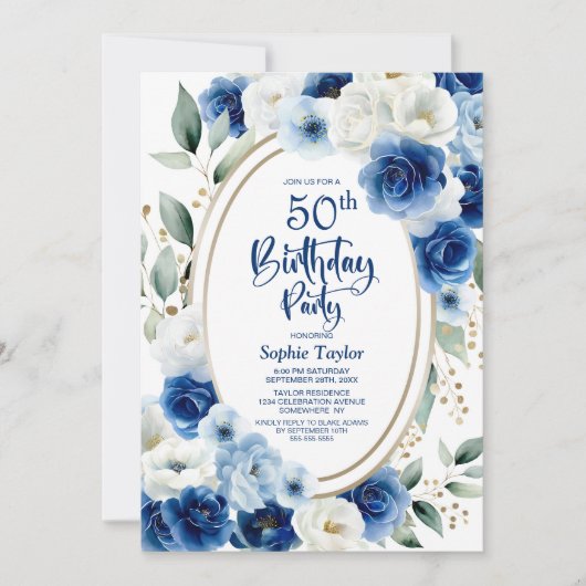 Elegante Blauwe Bloemen 50ste Verjaardagsfeest Kaart (Voorkant)