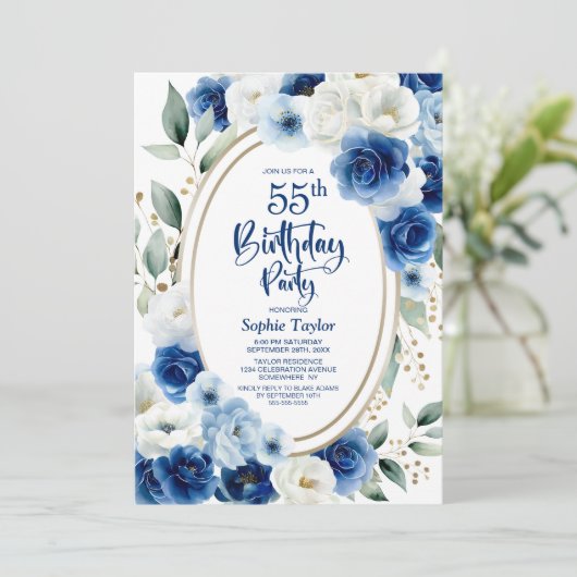 Elegante Blauwe Bloemen 55ste Verjaardagsfeest Kaart (Staand voorkant)