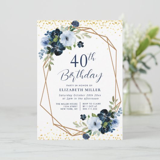 Elegante Blauwe Bloemen 60ste Uitnodiging van het  (Staand voorkant)