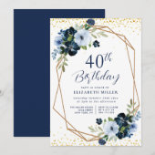 Elegante Blauwe Bloemen 60ste Uitnodiging van het  (Voorkant / Achterkant)