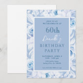 Elegante Blauwe Bloemen 60ste Verjaardag Uitnodigi Kaart (Voorkant / Achterkant)