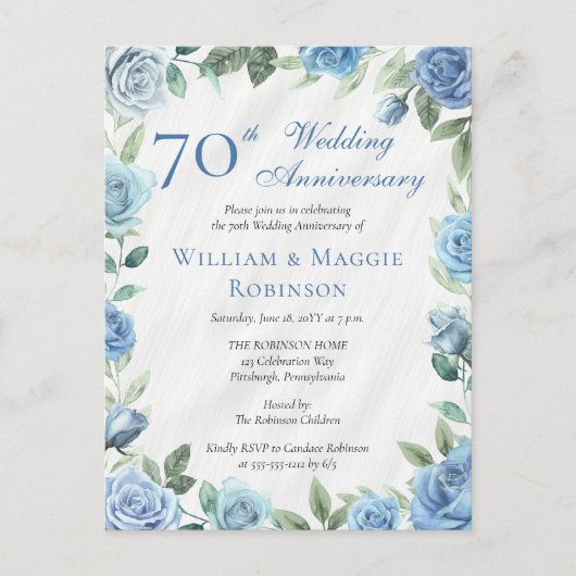 Elegante Blauwe Bloemen 70ste bruiloft Jubileum Pa Briefkaart (Voorkant)