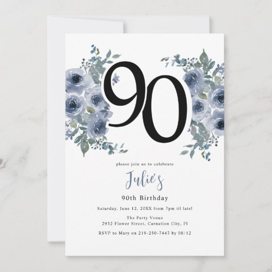 Elegante Blauwe Bloemen 90ste Verjaardag Kaart (Voorkant)