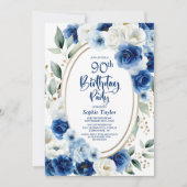 Elegante Blauwe Bloemen 90ste Verjaardagsfeest Kaart (Voorkant)