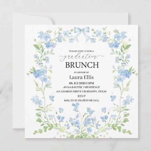 Elegante blauwe bloemen afstuderen brunch Uitnodig Kaart (Voorkant)