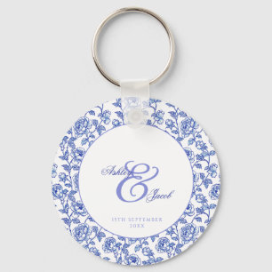 Elegante Blauwe Bloemen Ampersand bruiloft Sleutelhanger