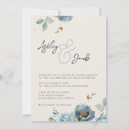 Elegante Blauwe Bloemen Ampersand bruiloft uitnodi Kaart
