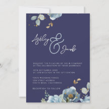 Elegante Blauwe Bloemen Ampersand bruiloft uitnodi
