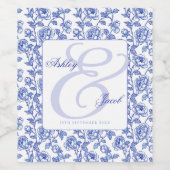 Elegante Blauwe Bloemen Ampersand bruiloft Wijn Etiket (Enkel label)