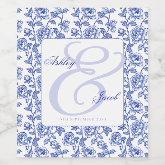 Elegante Blauwe Bloemen Ampersand bruiloft Wijn Etiket (Enkel label)