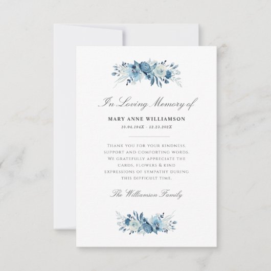 elegante blauwe bloemen begrafenis bedankt kaart (Voorkant)