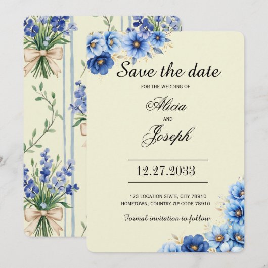 Elegante Blauwe Bloemen Bewaar de Datum Save The Date (Voorkant / Achterkant)