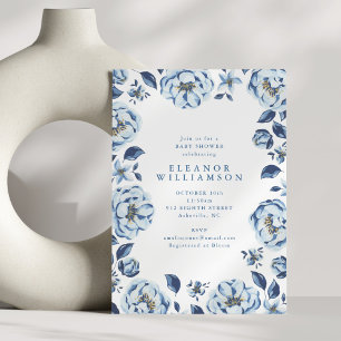 Elegante Blauwe Bloemen Bloemrijke Baby Shower Kaart