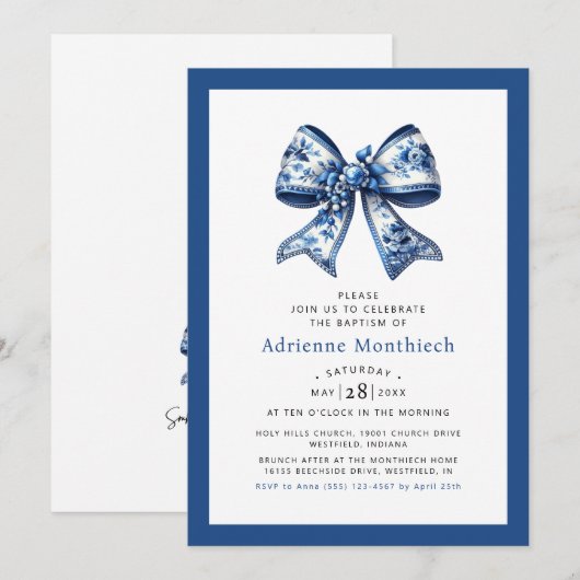 Elegante Blauwe Bloemen Boog Ribbon doop Kaart (Voorkant / Achterkant)