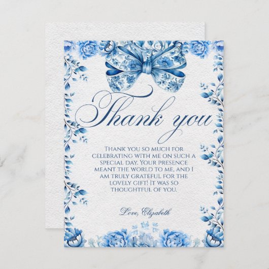 Elegante blauwe bloemen boog script dank u kaart (Voorkant / Achterkant)