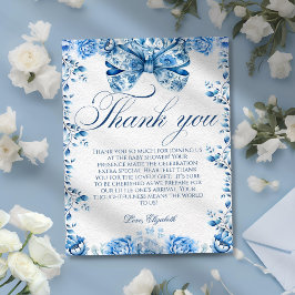 Elegante blauwe bloemen boog script dank u kaart