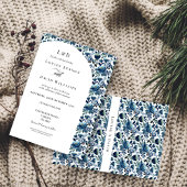 Elegante Blauwe Bloemen Border bruiloft uitnodigin Kaart