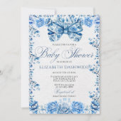 Elegante Blauwe Bloemen Bow Chic Toile Baby shower Kaart (Voorkant)