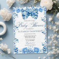 Elegante Blauwe Bloemen Bow Chic Toile Baby shower
