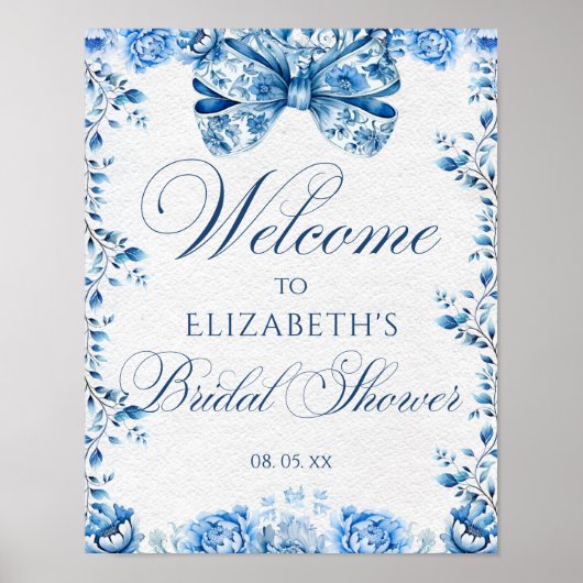 Elegante Blauwe Bloemen Bow Toile Calligraphy Welk Poster (Voorkant)