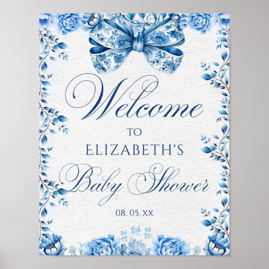Elegante Blauwe Bloemen Bow Toile Calligraphy Welk Poster (Voorkant)