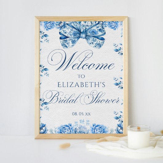Elegante Blauwe Bloemen Bow Toile Calligraphy Welk Poster