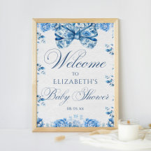 Elegante Blauwe Bloemen Bow Toile Calligraphy Welk
