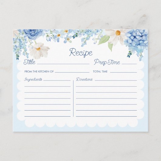 Elegante Blauwe Bloemen Bruids Recept Kaart (Voorkant)