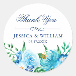 Elegante blauwe bloemen bruiloft dank u ronde sticker