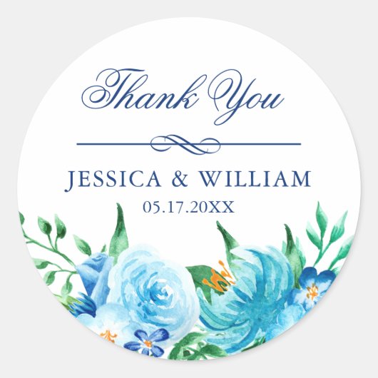 Elegante blauwe bloemen bruiloft dank u ronde sticker (Voorkant)