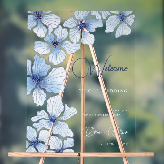 Elegante Blauwe Bloemen Bruiloft Welkom Acryl Bord (Neutraal)