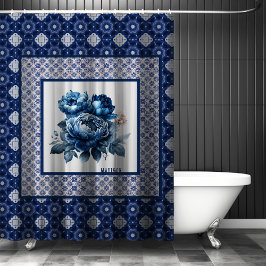 Elegante Blauwe bloemen chinoiserie toile monogram Douchegordijn
