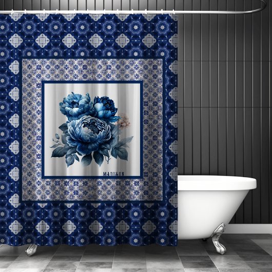 Elegante Blauwe bloemen chinoiserie toile monogram Douchegordijn