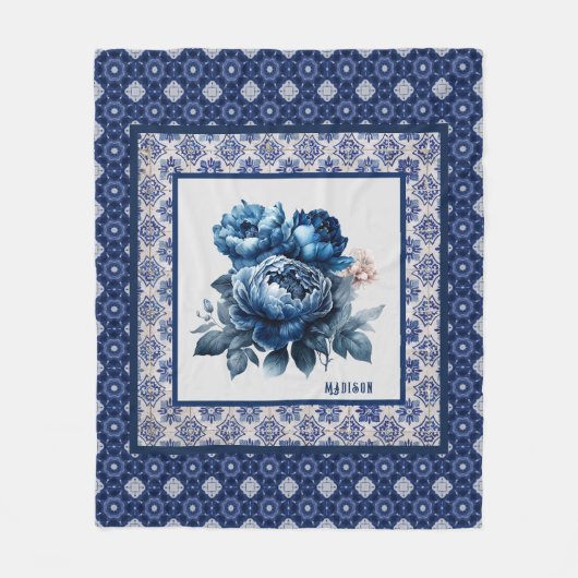 Elegante Blauwe bloemen chinoiserie toile monogram Fleece Deken (Voorkant)