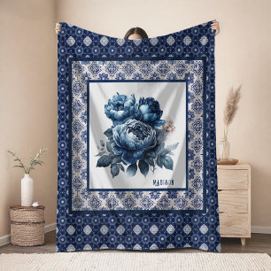Elegante blauwe bloemen chinoiserie toile monogram fleece deken