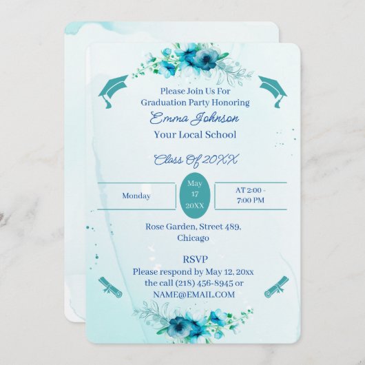 Elegante Blauwe Bloemen Custom Afstuderen Kaart (Voorkant / Achterkant)