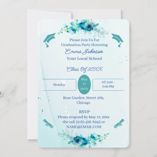 Elegante Blauwe Bloemen Custom Afstuderen Kaart (Voorkant)