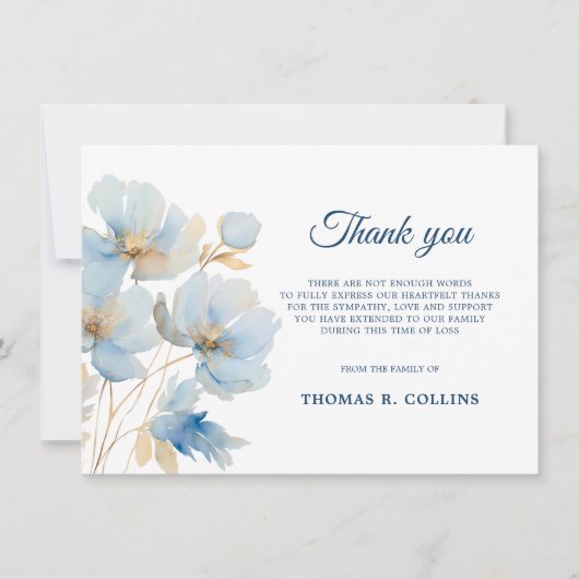 Elegante Blauwe Bloemen Dank u kaarten na begrafen (Voorkant)