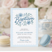 Elegante Blauwe Bloemen Doop Uitnodiging