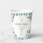 Elegante Blauwe Bloemen Doopfeest Religieus Papieren Bekers (Achterkant)