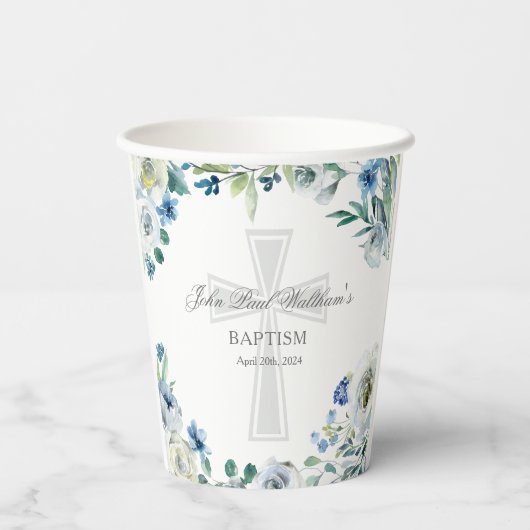 Elegante Blauwe Bloemen Doopfeest Religieus Papieren Bekers (Achterkant)