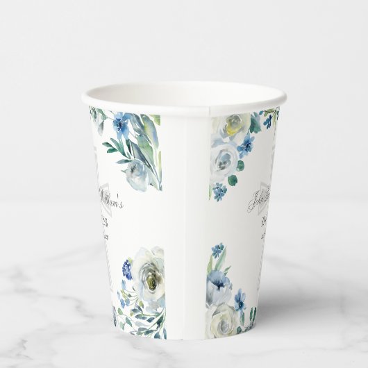 Elegante Blauwe Bloemen Doopfeest Religieus Papieren Bekers (Rechts)