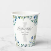 Elegante Blauwe Bloemen Doopfeest Religieus Papieren Bekers (Voorkant)