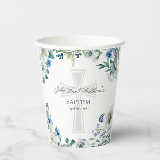 Elegante Blauwe Bloemen Doopfeest Religieus Papieren Bekers (Voorkant)