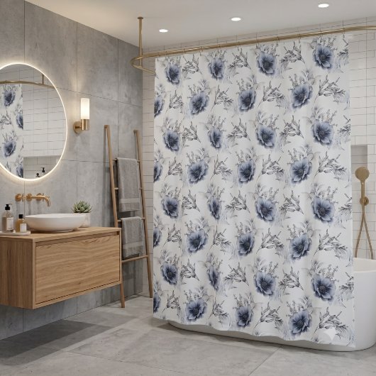 Elegante Blauwe Bloemen Douchegordijn